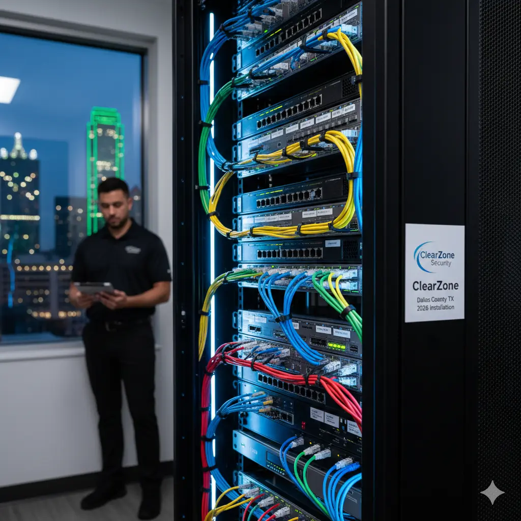 Professional structured cabling installation in Dallas TX by ClearZone Security, featuring organized Cat6 data network cabling and server rack management.