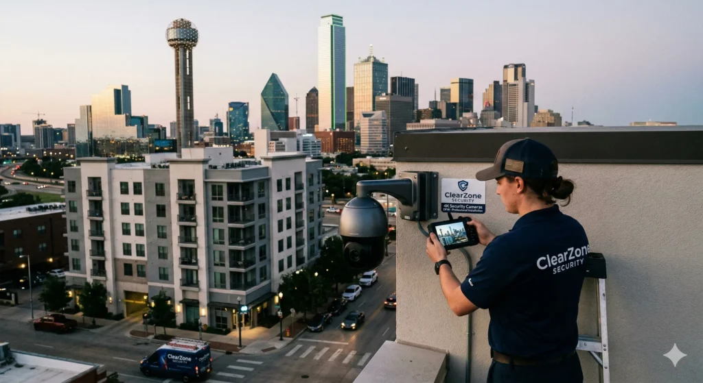 Professional 4K security camera installation overlooking the Dallas TX skyline by ClearZone Security, featuring weather-rated PTZ dome cameras.