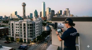 Professional 4K security camera installation overlooking the Dallas TX skyline by ClearZone Security, featuring weather-rated PTZ dome cameras.
