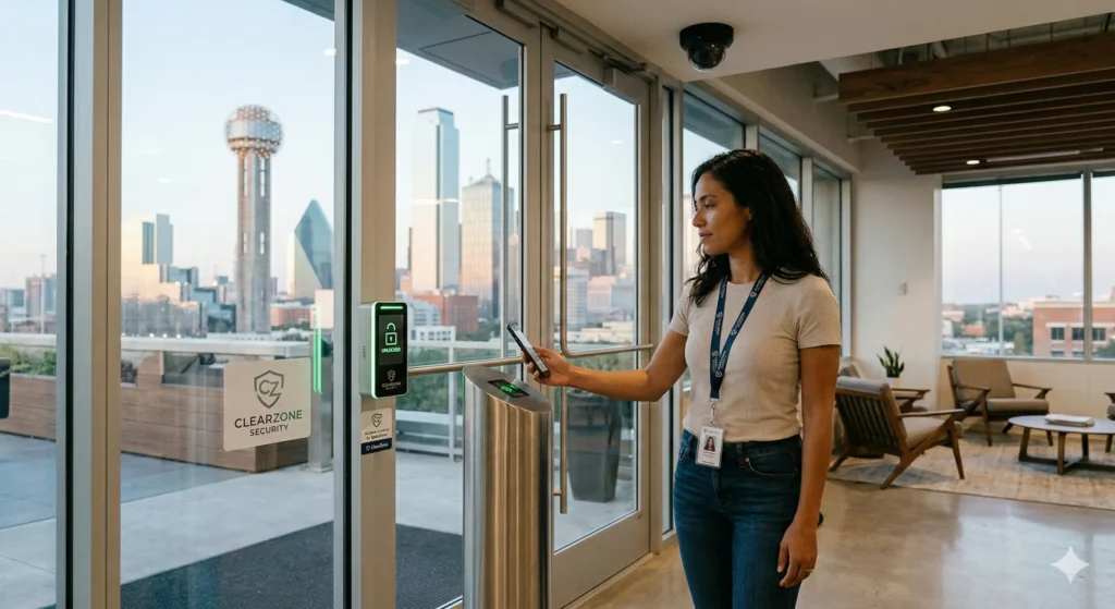Professional commercial access control system installation in Dallas TX, featuring keyless entry, facial recognition biometric technology, and an integrated ceiling security camera by ClearZone Security.