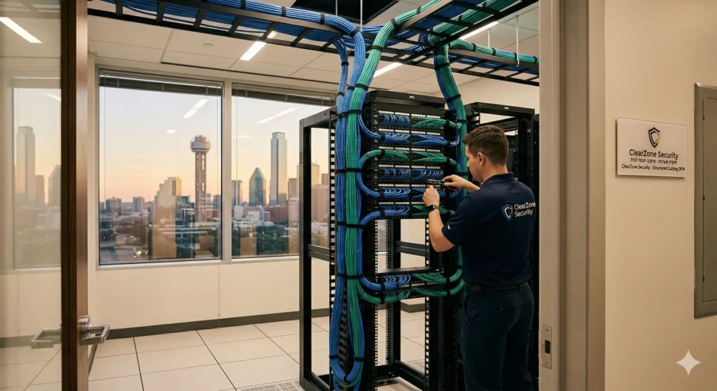 Professional commercial network cable installation in a Dallas server room, featuring neatly managed blue and green Cat6A cables, installed by a technician from ClearZone Security.