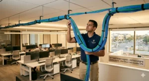 Professional commercial network cable installation in an open-plan Dallas corporate office, featuring a ClearZone Security technician performing structured cabling with Cat6A blue and green cables, with blurred employees working in the background.