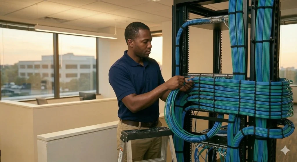 A professional technician from ClearZone Security performing a commercial network installation in a Dallas office, meticulously organizing Cat6A cabling into a structured server rack.