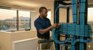 A professional technician from ClearZone Security performing a commercial network installation in a Dallas office, meticulously organizing Cat6A cabling into a structured server rack.