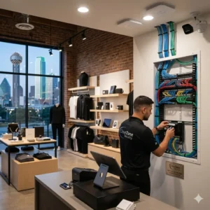 Professional commercial structured cabling installation in a modern Dallas retail store, showing color-coded Cat6 network cables neatly managed by ClearZone Security.