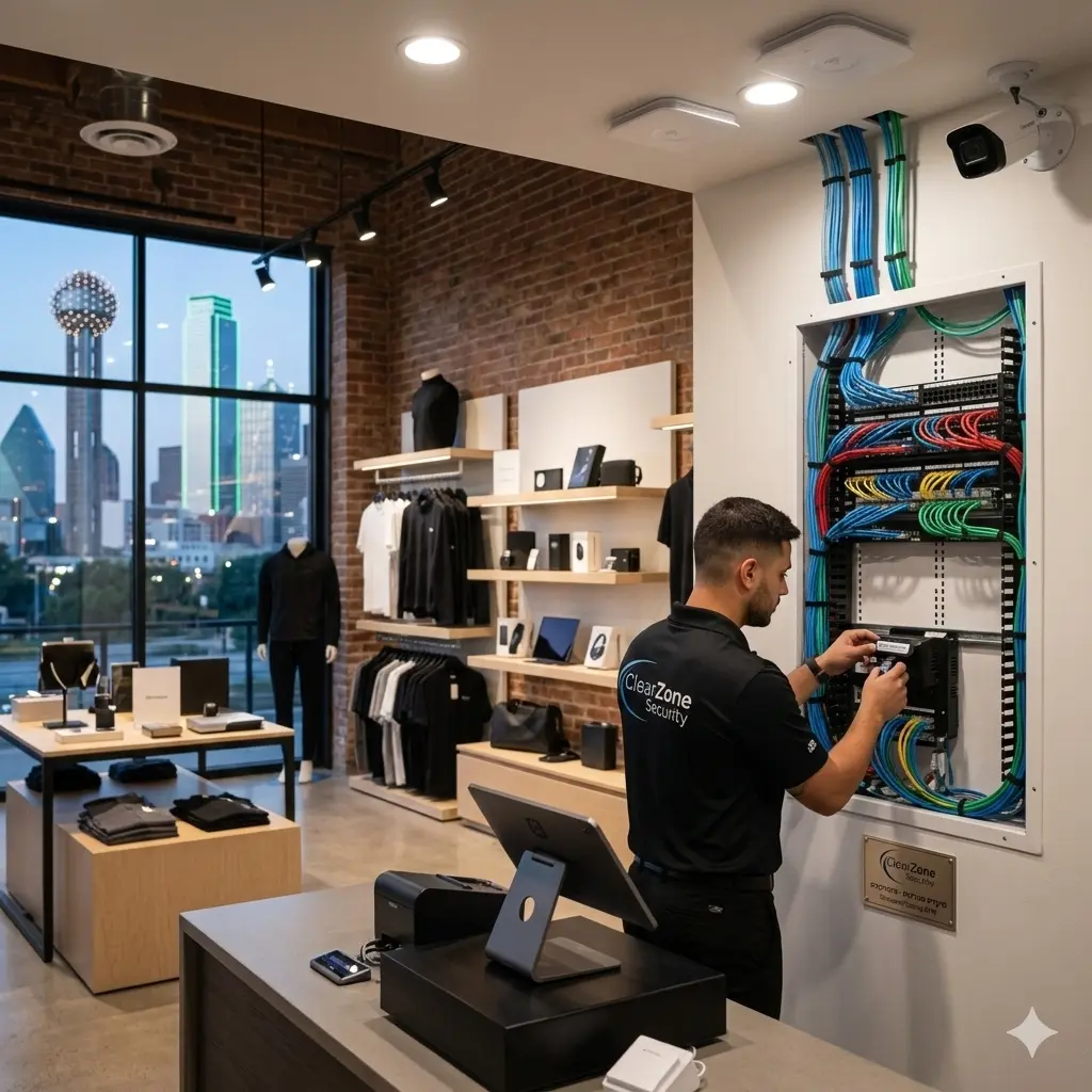 Professional commercial structured cabling installation in a modern Dallas retail store, showing color-coded Cat6 network cables neatly managed by ClearZone Security.