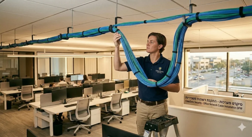 A professional technician from ClearZone Security performing Ethernet cable installation for offices, neatly routing blue Cat6A cables through ceiling supports.