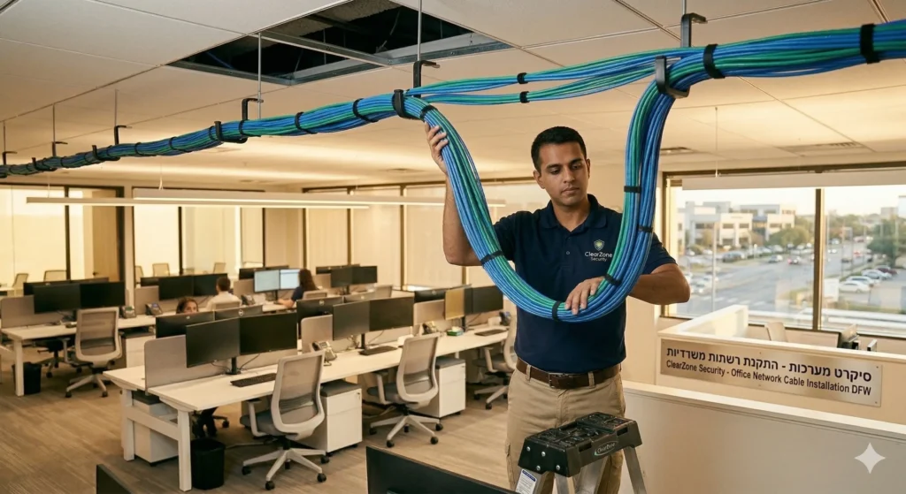 A professional male technician from ClearZone Security installing Ethernet wiring for businesses in a modern Dallas office ceiling.