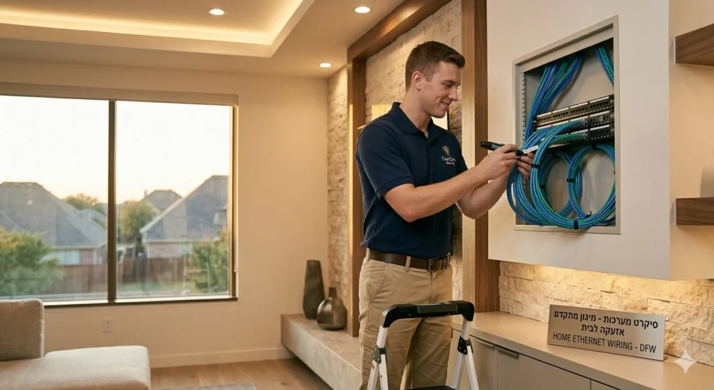 A technician from ClearZone Security performing Ethernet wiring for homes, installing a high-speed Cat6 wall jack in a modern Dallas living room.