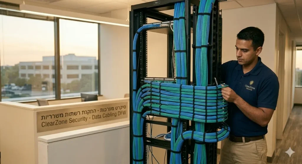 A focused low-voltage technician, with ClearZone Security branding visible, painstakingly dressing a massive, horizontal array of blue and green Cat6A data cabling into structured patch panels within a multi-rack corporate data center in Dallas.