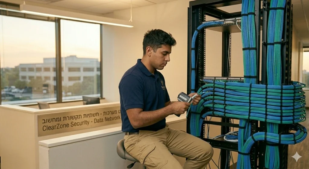 Close-up of a professional network rack installation in Dallas, showing perfectly organized blue Cat6 cabling entering a labeled patch panel with zero tangles.