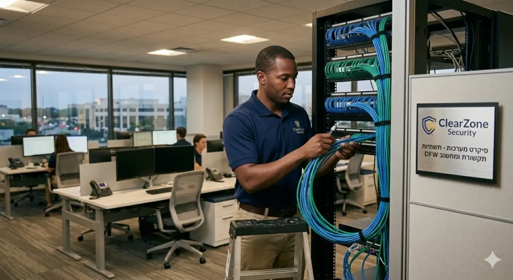 A professional technician from ClearZone Security meticulously performing Business Internet Network Setup, organizing structured Cat6A data cabling into high-density patch panels that power a contemporary Dallas corporate office.