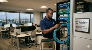 A professional technician from ClearZone Security meticulously performing Business Internet Network Setup, organizing structured Cat6A data cabling into high-density patch panels that power a contemporary Dallas corporate office.