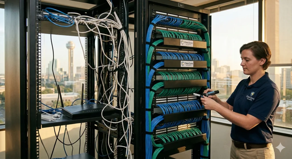 A clear photo comparing messy DIY 'spaghetti wiring' to a professional network cable installation by ClearZone Security in a Dallas server rack.