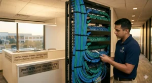 Close-up of a focused low-voltage technician from ClearZone Security performing professional network infrastructure installation, dressing and terminating complex blue and green Cat6A data cabling into structured high-density patch panels in a modern Dallas server room.