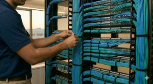 A professional technician from ClearZone Security meticulously performing patch panel installation, dressing and organizing complex blue and green Cat6A data cabling into high-density structured patch panels within a multi-rack corporate data center in Dallas.