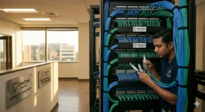 A professional technician from ClearZone Security performing structured cabling for businesses, organizing color-coded network cables in a Dallas server rack.
