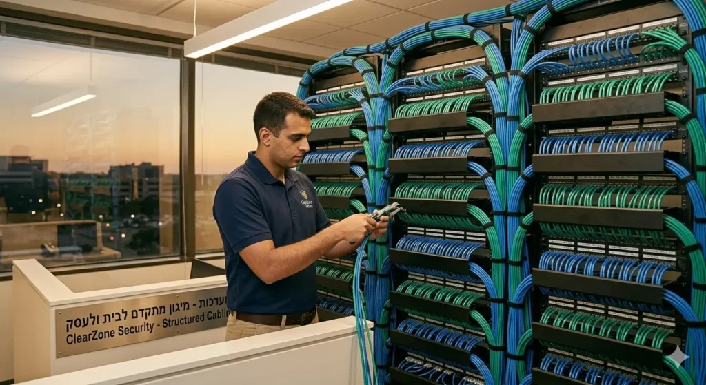 A professional technician from ClearZone Security installing backbone fiber optic and Cat6A structured cabling in a high-rise Dallas office building server room.