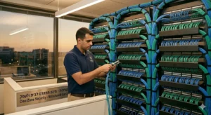 A professional technician from ClearZone Security installing backbone fiber optic and Cat6A structured cabling in a high-rise Dallas office building server room.