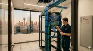 A clear diagram and photo showing a technician performing a network cable installation in a Dallas building.