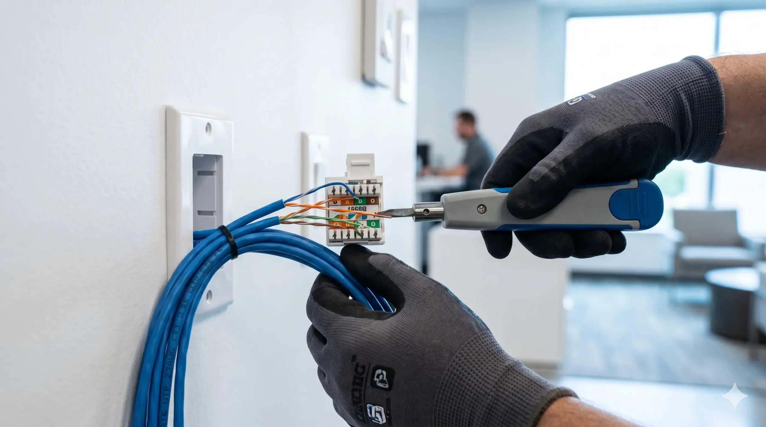 Low-voltage contractor installing structured Cat6 cabling and network drops in a Dallas corporate office.