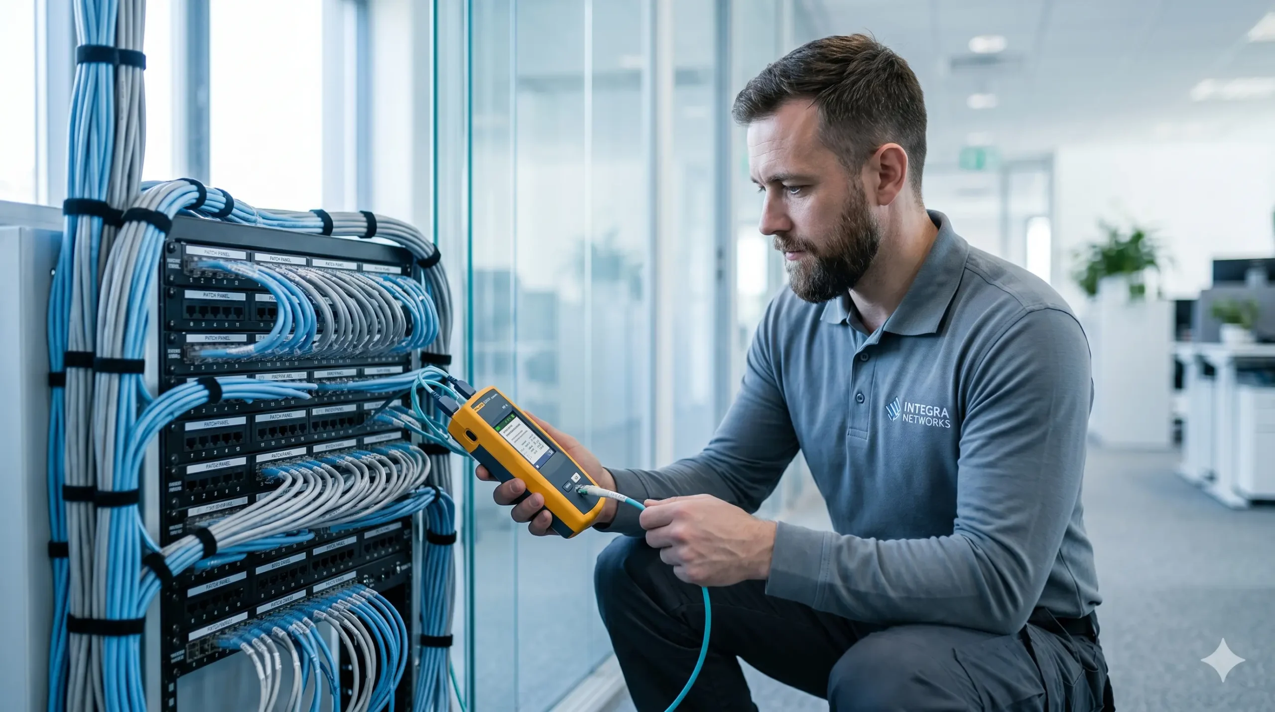 Low-voltage technician testing and certifying network cabling infrastructure using diagnostic tools in an office.