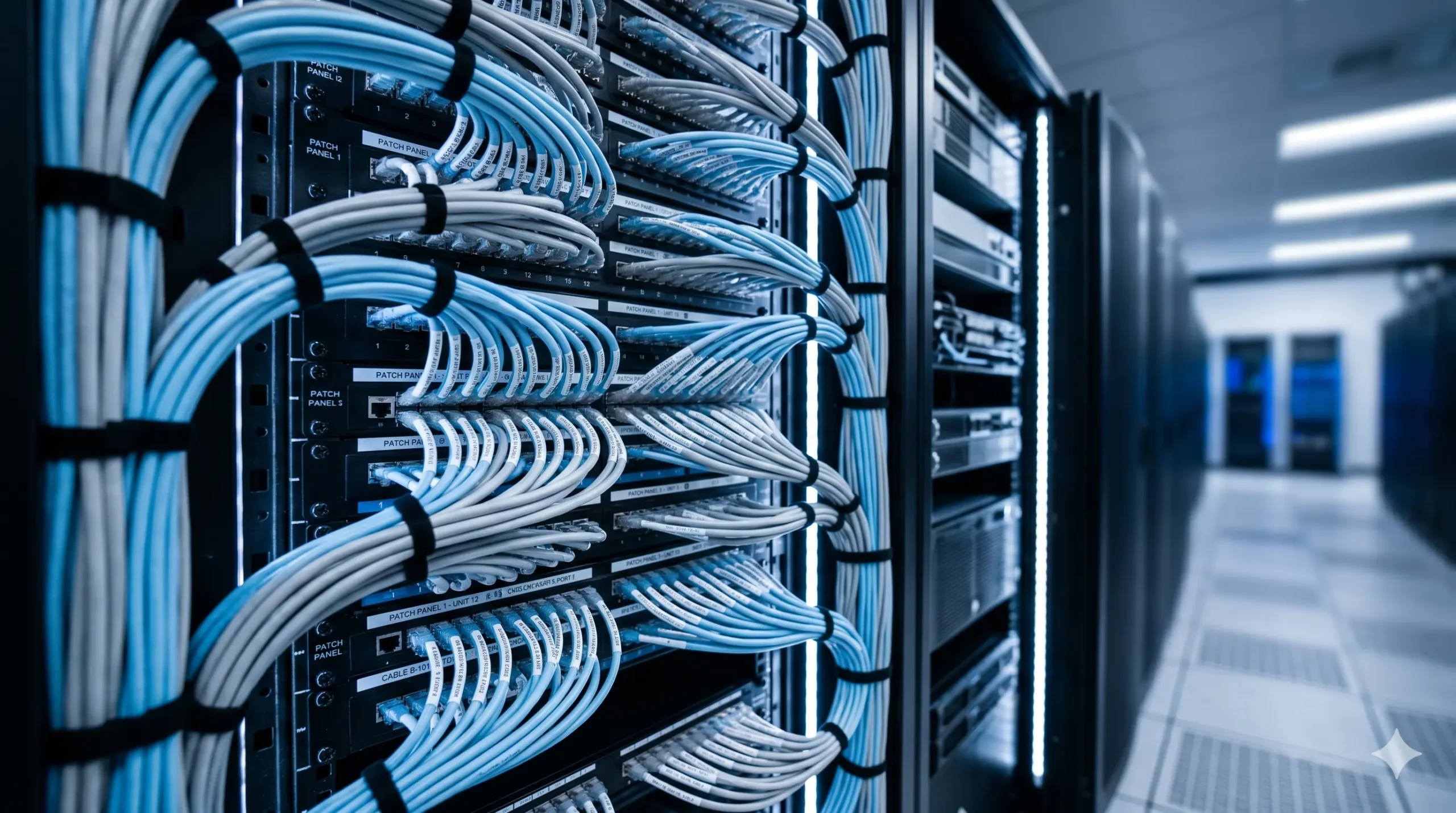 Meticulously organized commercial server rack with clean Cat6A patch panel cable management.