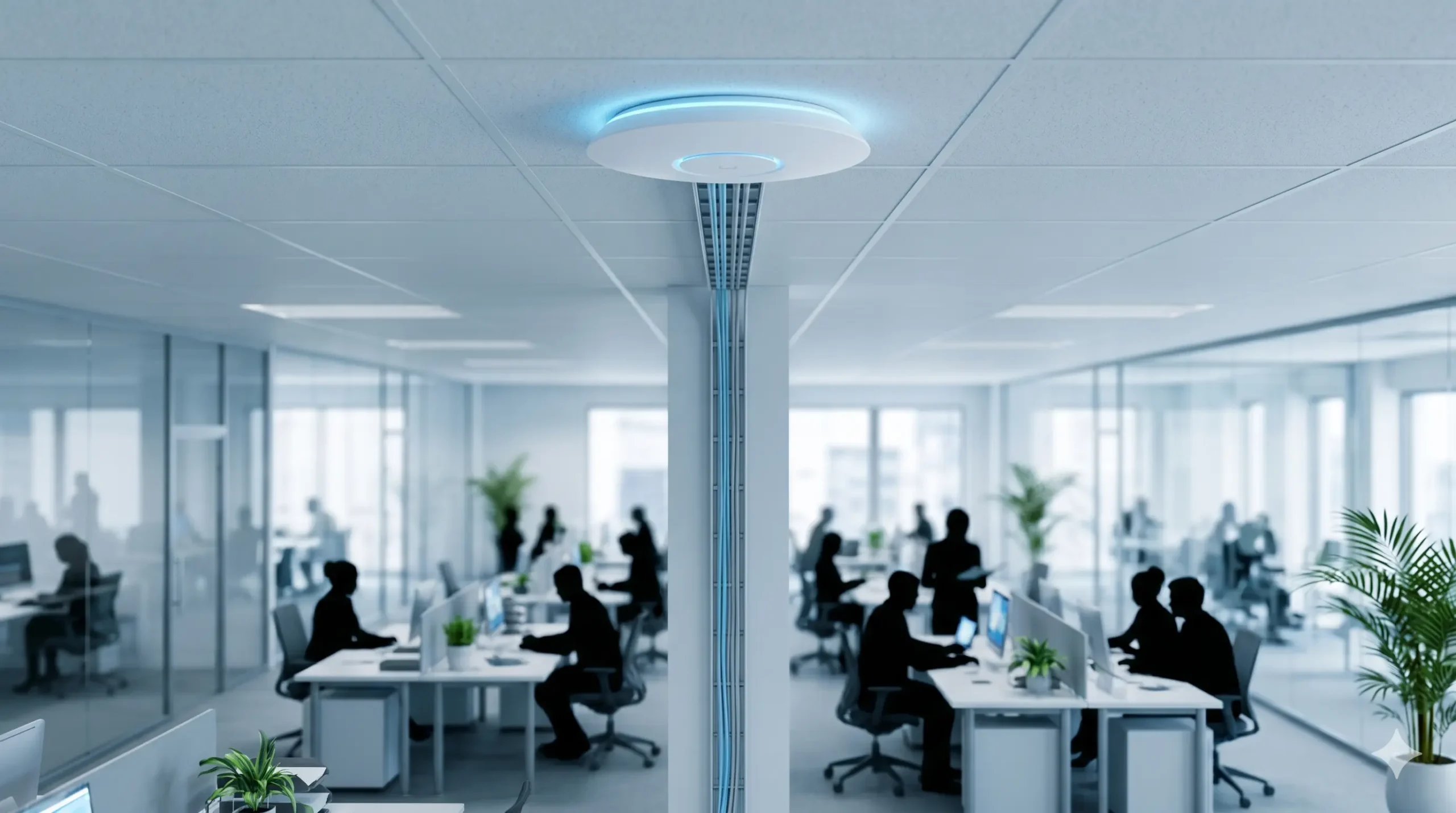 Wireless access point installed on a modern office ceiling for complete commercial Wi-Fi coverage.