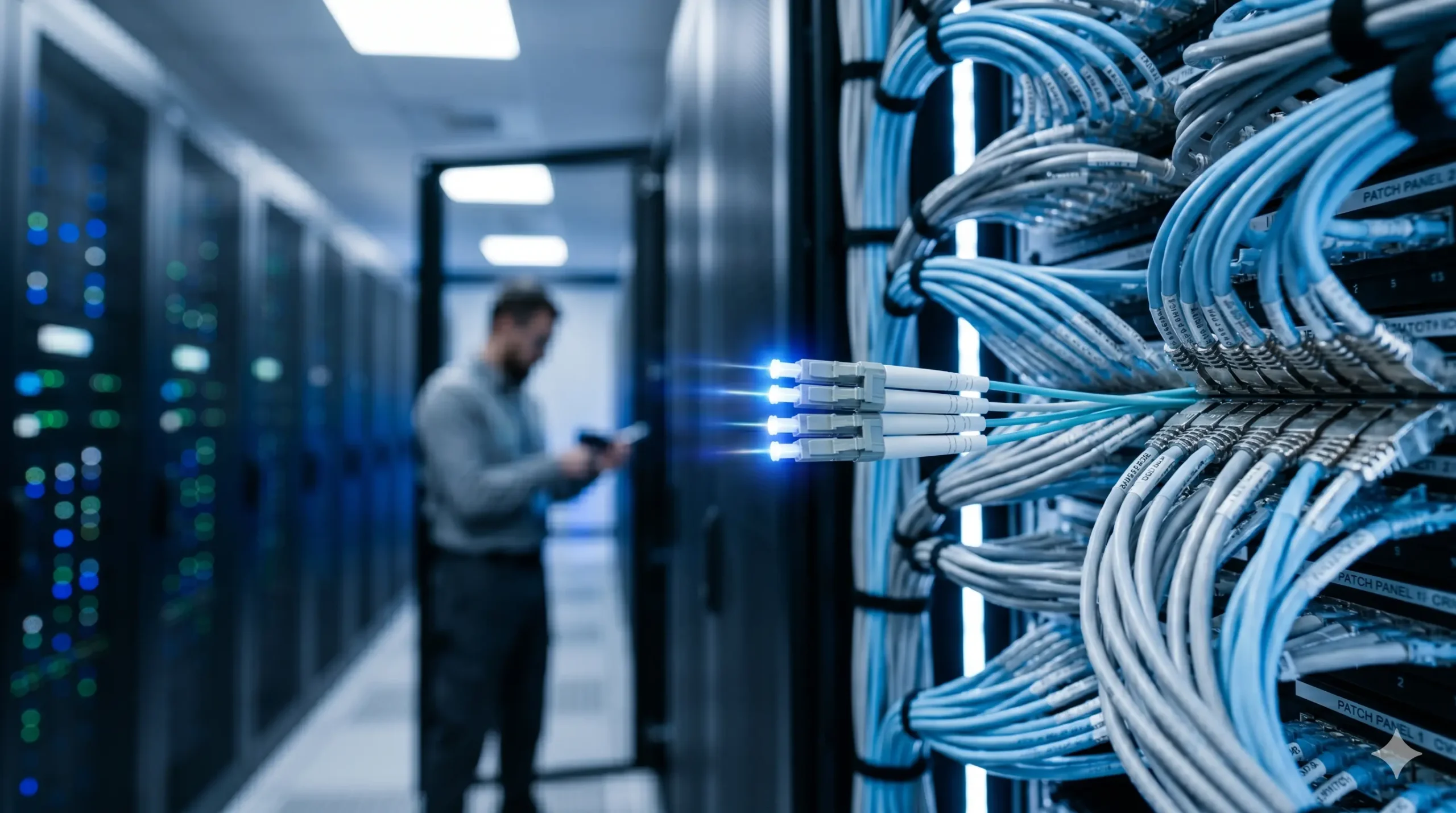 High-speed fiber optic backbone installation and enterprise network cabling infrastructure.