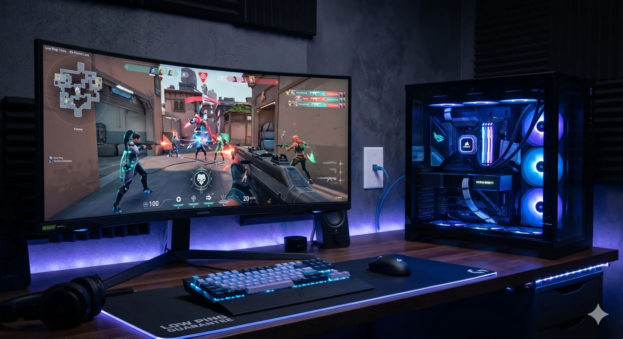 High-performance gaming PC connected directly to a Cat6 Ethernet wall drop for low ping