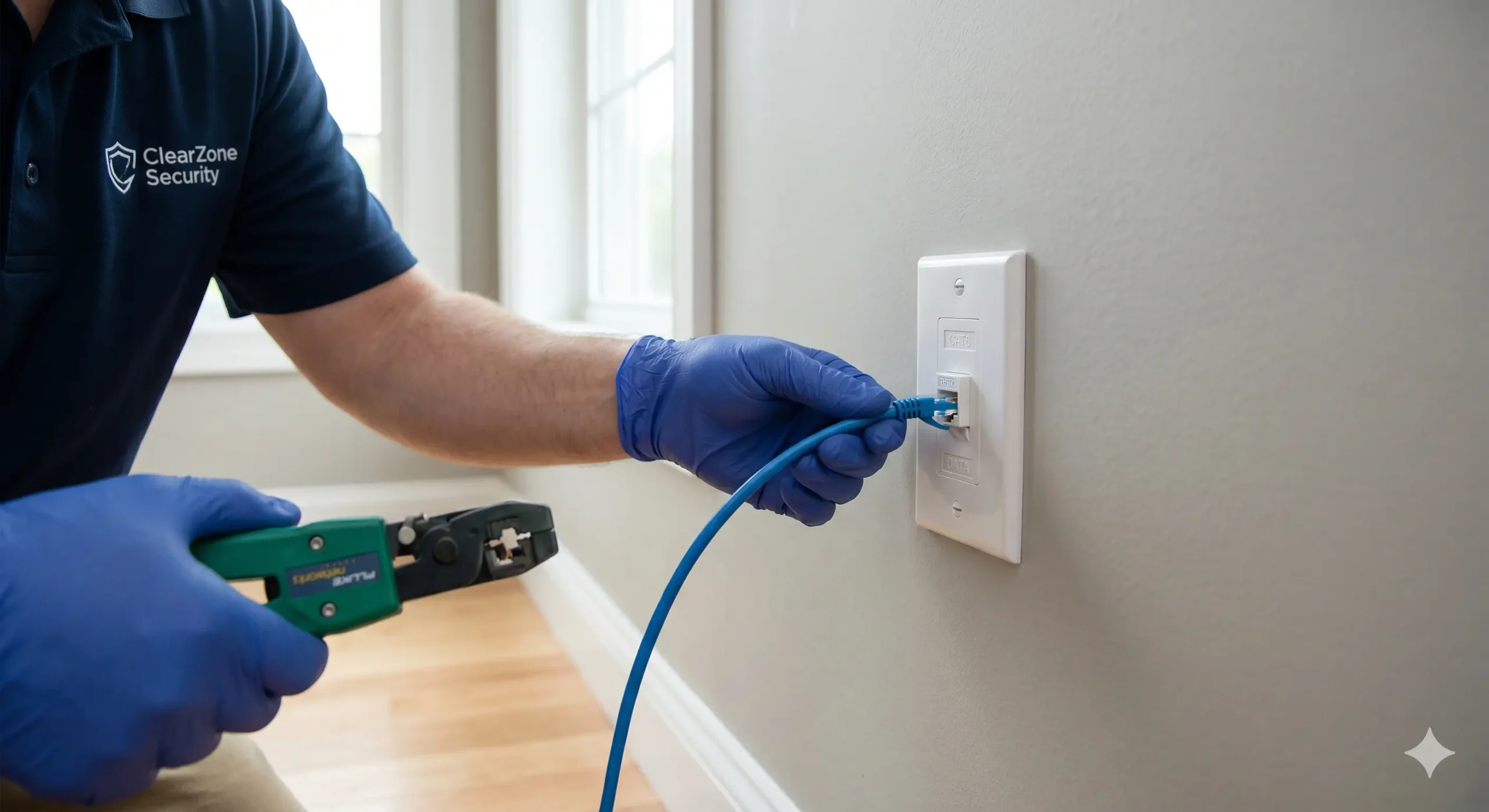Professional technician installing a white Ethernet wall plate with blue Cat6 cable in a Dallas home