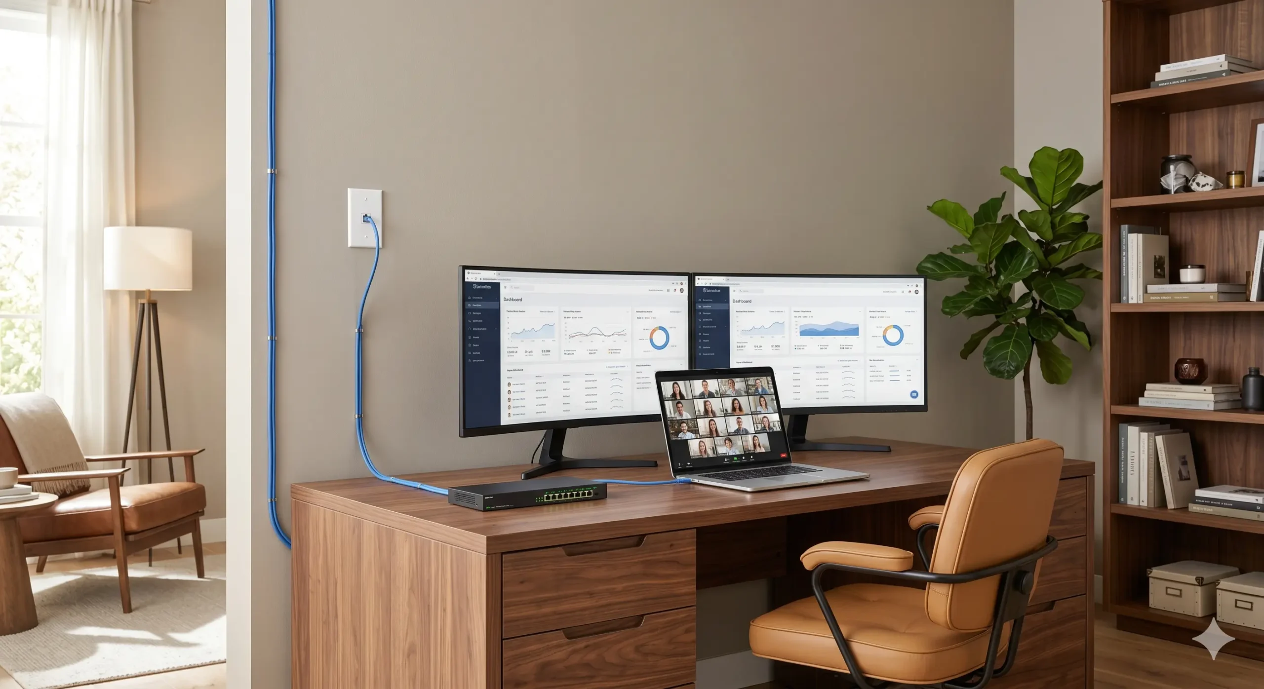 Modern home office setup with dual monitors and a dedicated Cat6 Ethernet wall outlet in Plano