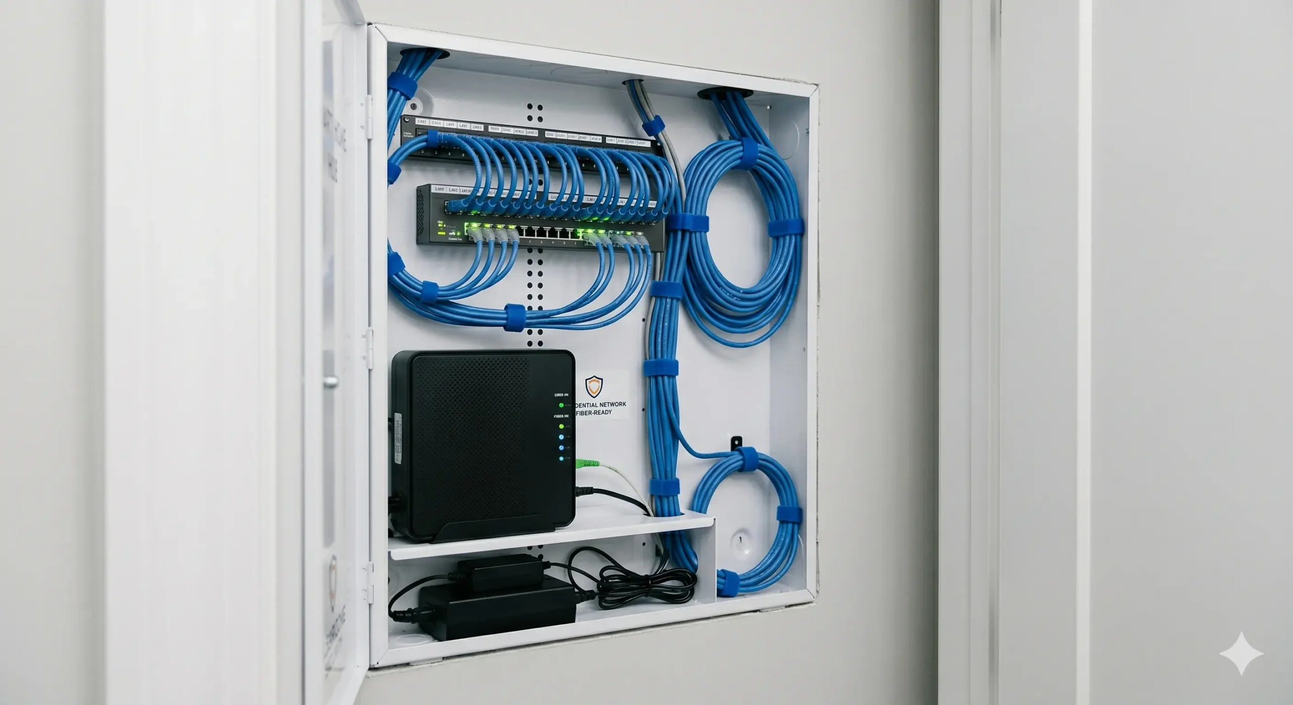 Premium residential Cat6 and fiber optic cable installation inside a smart home media panel in Dallas