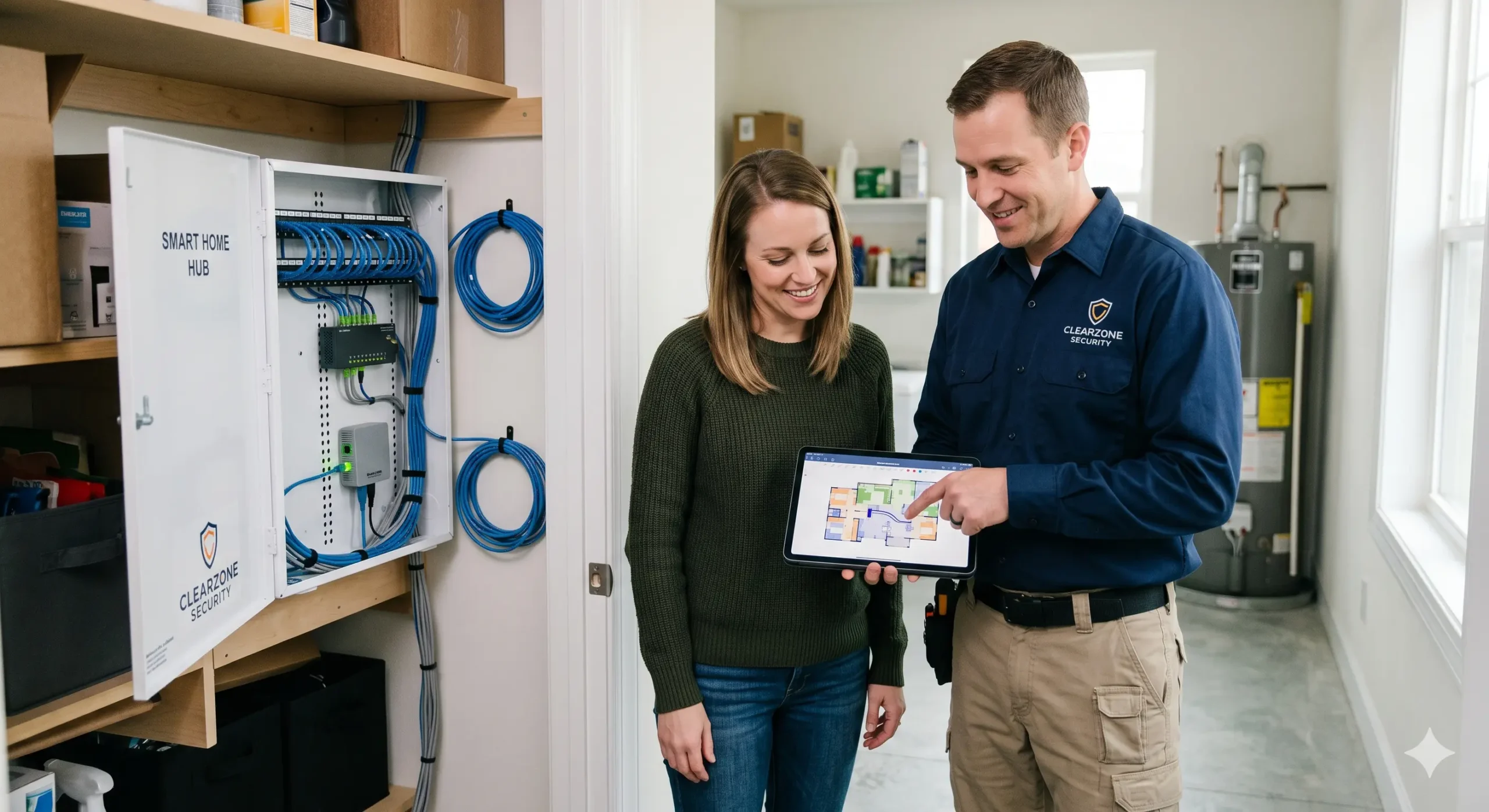 ClearZone Security low-voltage contractor explaining a smart hub wiring plan to a homeowner in Dallas