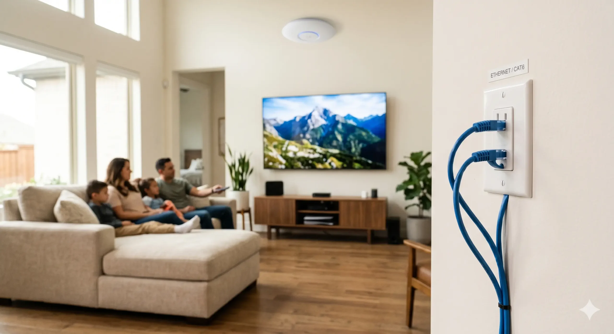 Ceiling-mounted smart home Wi-Fi access point and a flush smart TV in a Frisco living room