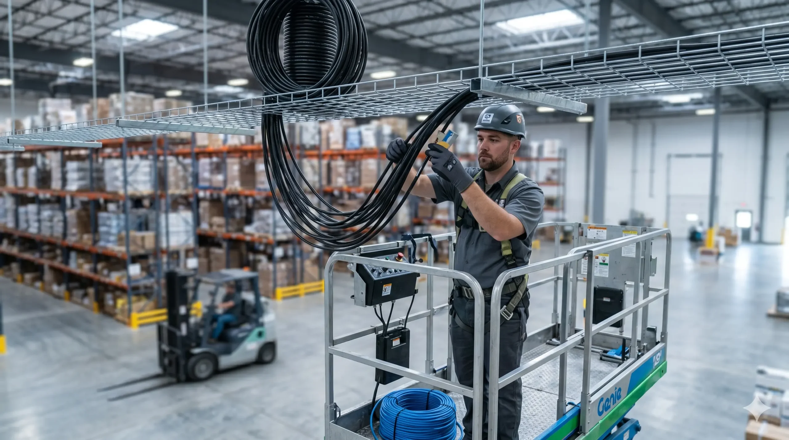 ClearZone Security technician installing commercial network cabling from a scissor lift in a large warehouse facility.